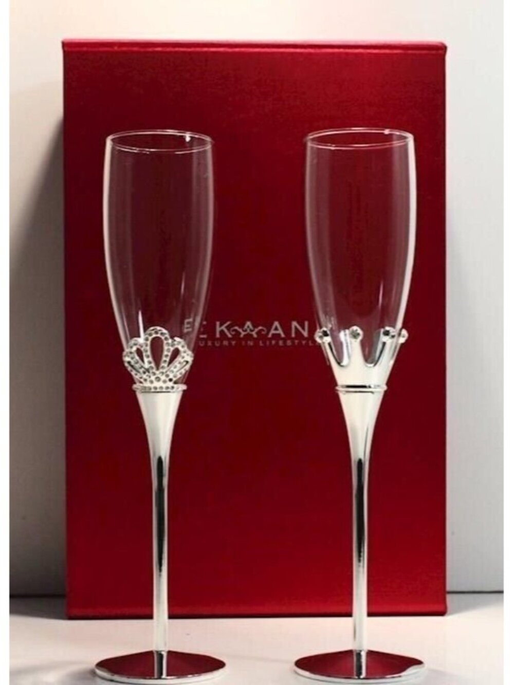 Ekaani King Queen Champagne Flutes Set 2 Crystal Crown Toasting Glasses NIB"